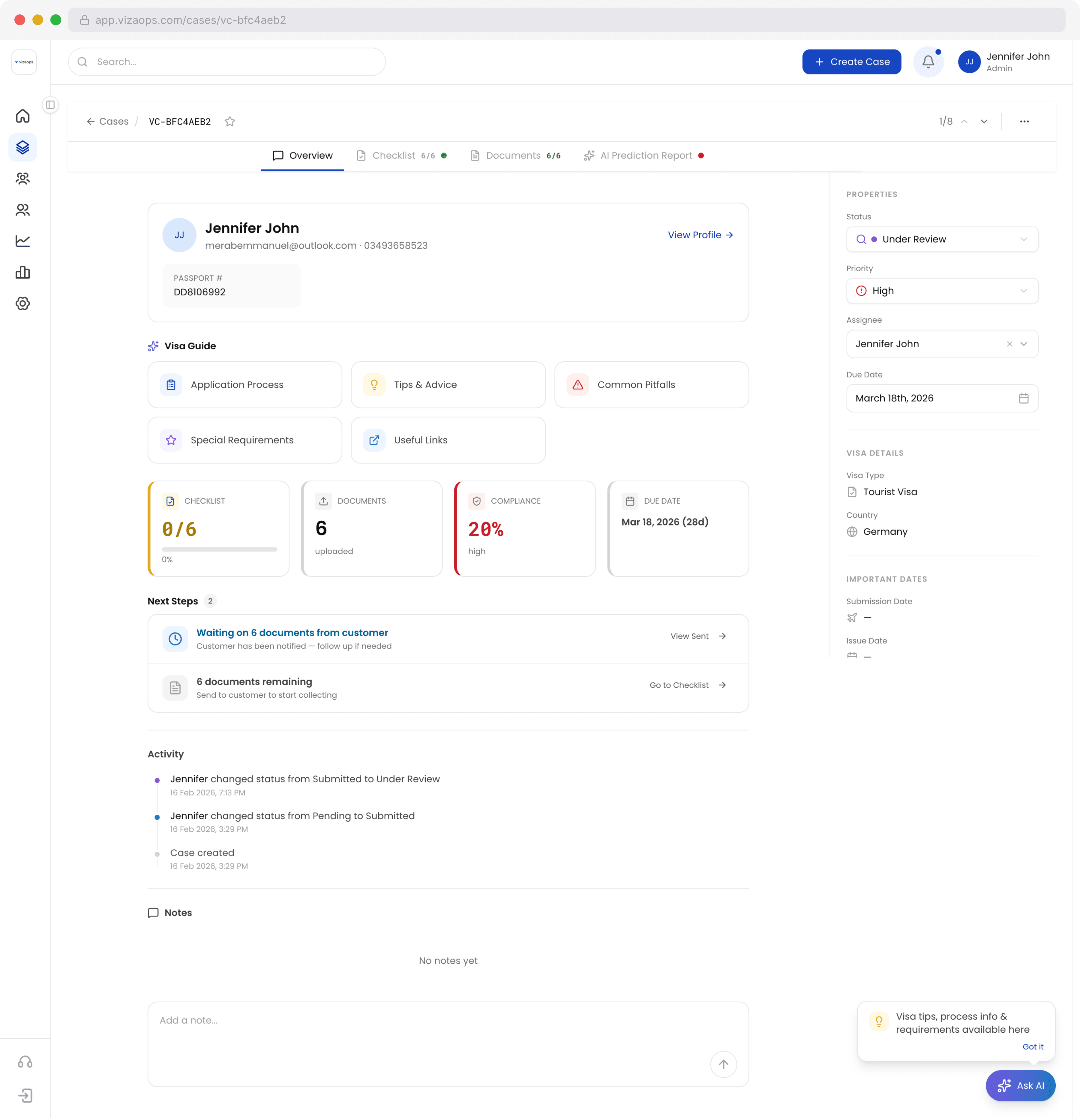 VizaOps dashboard showing visa case management